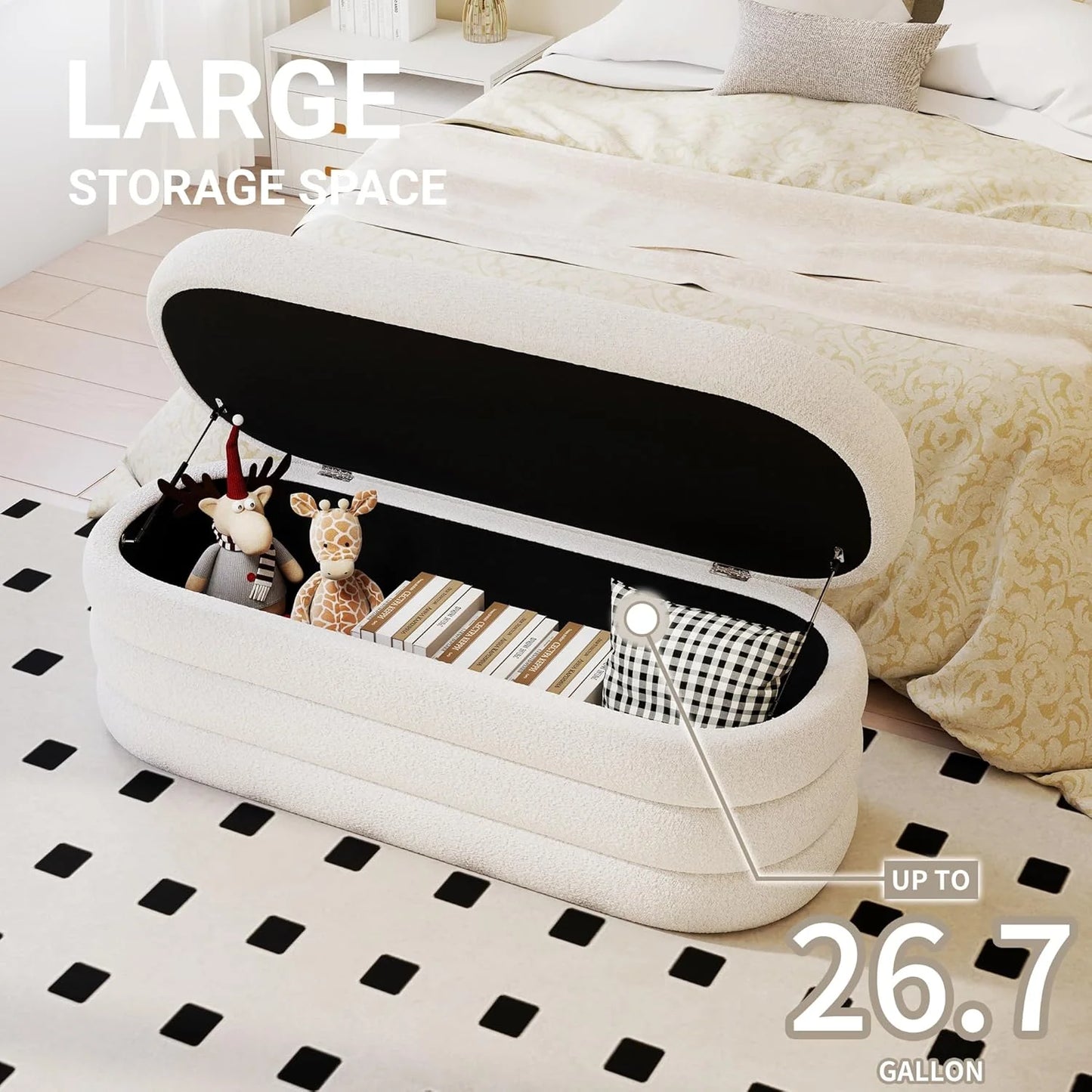 Storage Ottoman Bench 49.2 Inch Upholstered Fabric Storage Bench