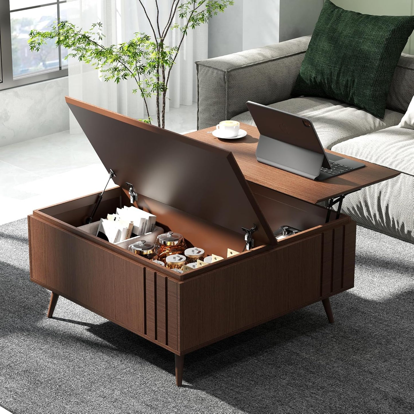 Round Coffee Table with Storage,Fluted Center Table with Sliding Cabinet Door for Living Room,Home Small Space,31.5" Small Center Table,Walnut