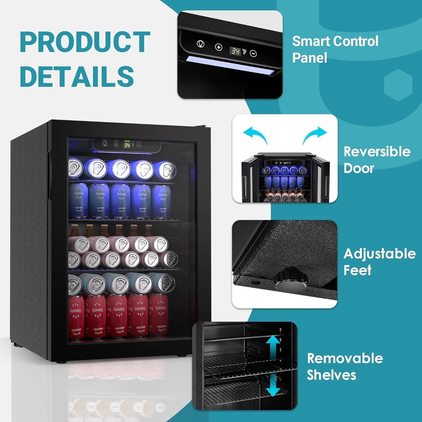 EUHOMY Beverage Refrigerator Cooler, 130 Can Mini Fridge with Glass Door for Soda Beer or Wine, Beverage Cooler for Home, Office, Bar with Adjustable Removable Shelves, Silver