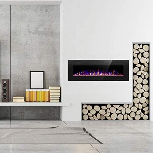 R.W.FLAME 60" Recessed and Wall Mounted Electric Fireplace, Low Noise, Fit for 2 x 6 Stud, Remote Control with Timer, Touch Screen, Adjustable Flame Color and Speed, 750-1500W