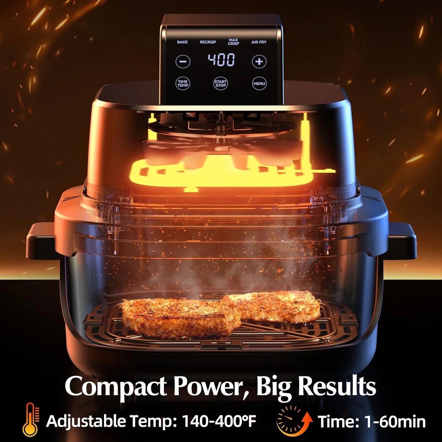 4-in-1 Portable Glass Air Fryer 140–400°F Precise Heat