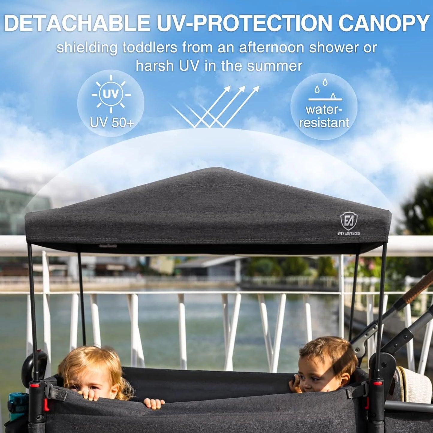 EVER ADVANCED Side-unzip Wagon Stroller for 2 Kids, Push Pull Stroller with Adjustable Handle, Easy Access Front Zipper Door, 5-Point Harness Removable UV-Protection Canopy Shock-Absorbing Wheels,Grey