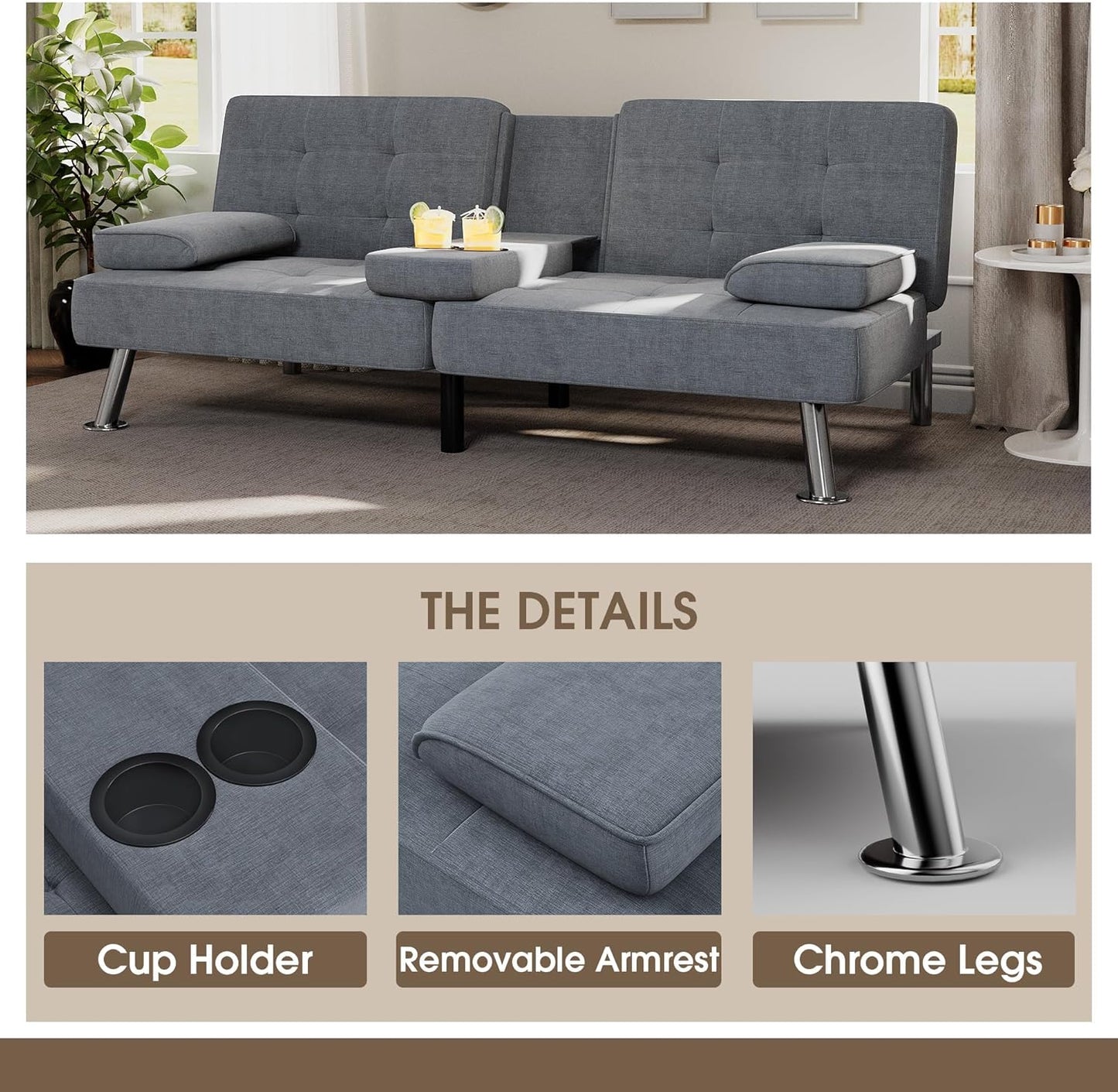 Flamaker Futon Sofa Bed Modern Folding Futon Set Convertible Recliner Lounge for Living Room with 2 Cup Holders, Removable Armrests (PU Leather, Black)