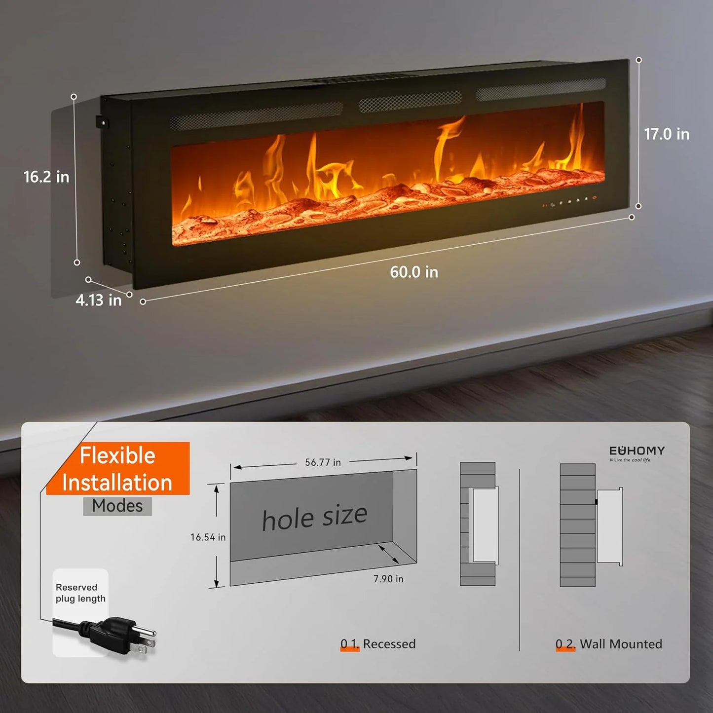 EUHOMY 50 Inch Electric Fireplace Wall Recessed and Wall Mounted with Adjustable Flame Color, Fireplace Heater with Remote Control, Linear Fireplace with Timer, Touch Screen, Log & Crystal, 750/1500W