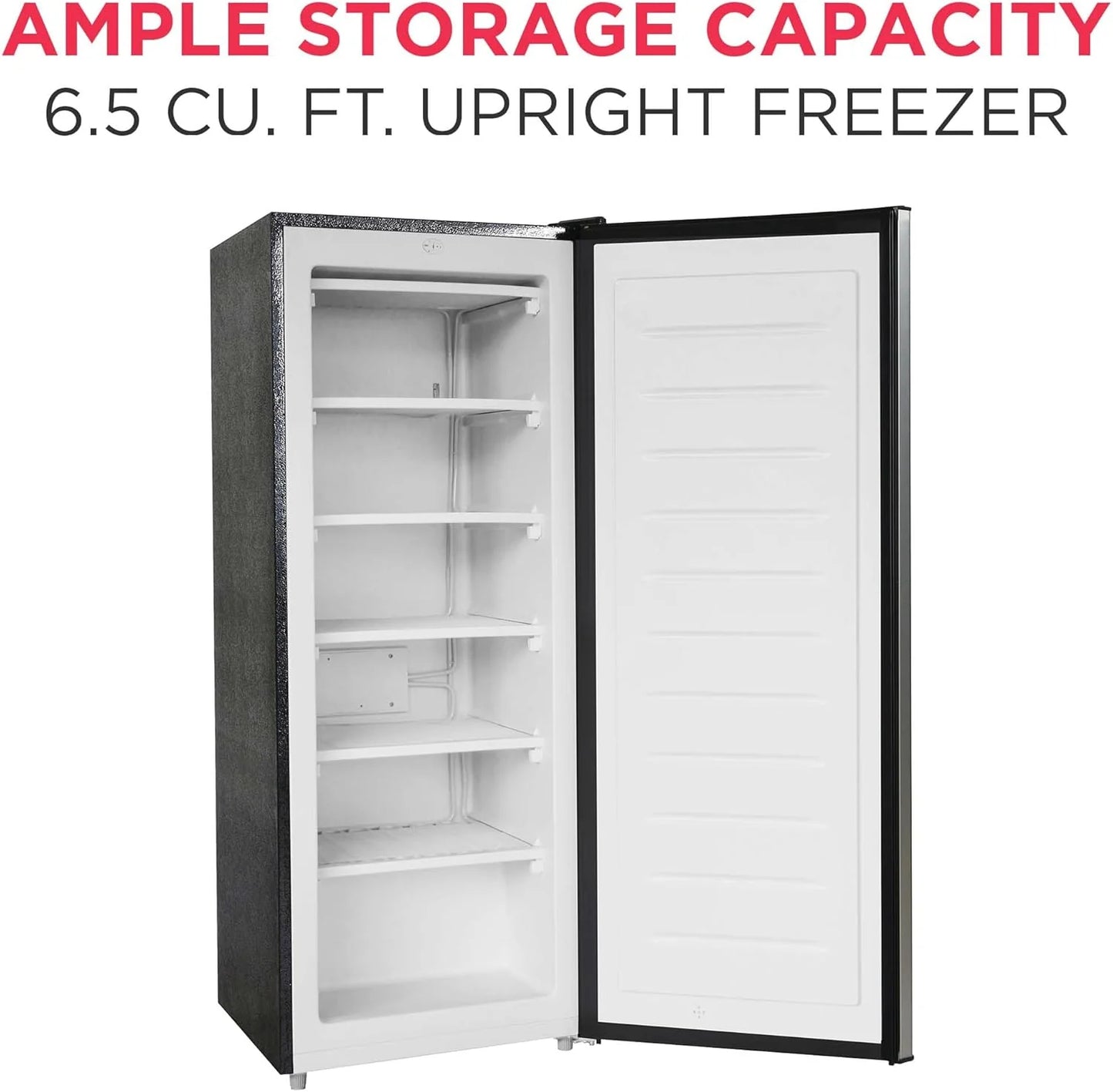 Frigidaire Upright Freezer, 6.5 cu. ft., Deep Freeze, Vinyl Coated Metal with Wire Shelving, Compact for Kitchen, RV, Dorm, Cabin, and Trailer, Platinum Design Series, Silver - 21D x 23W x 56H