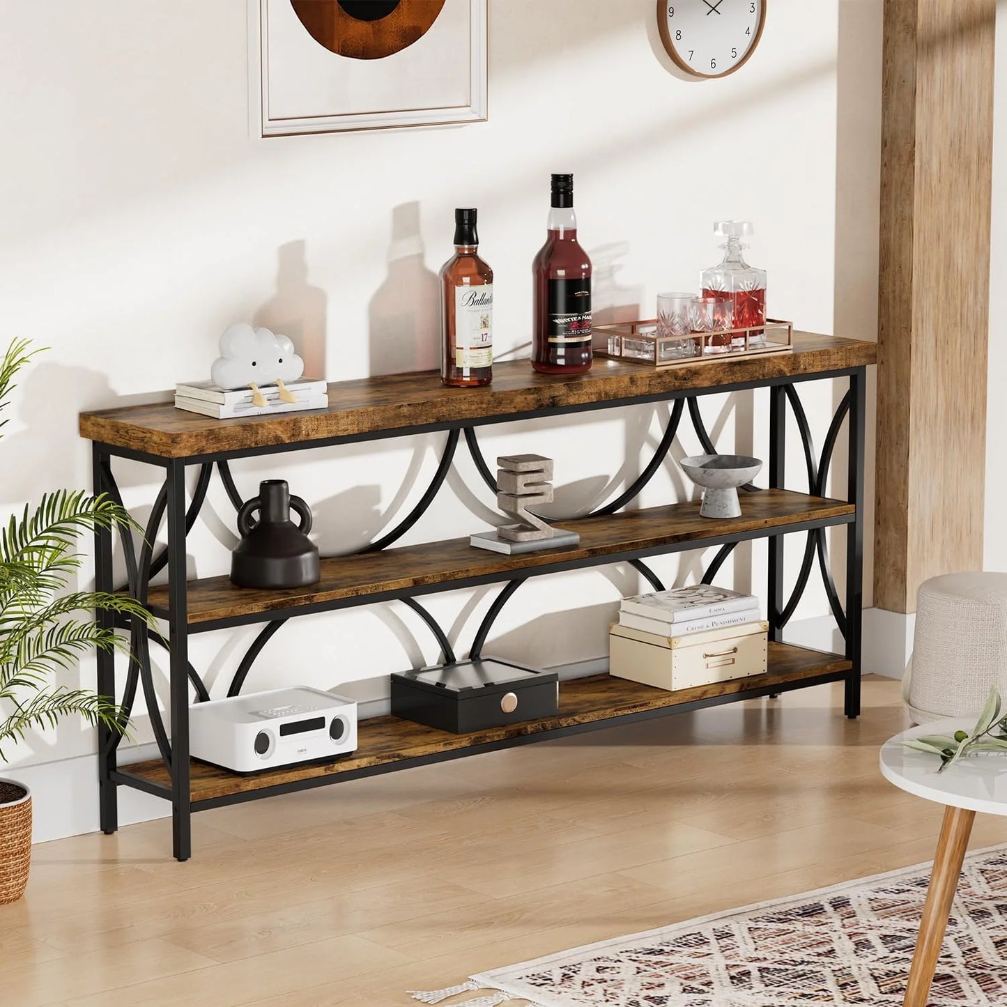 70.8 Inches Extra Long Console Table 3 Tiers Industrial Wood Entryway Sofa Table