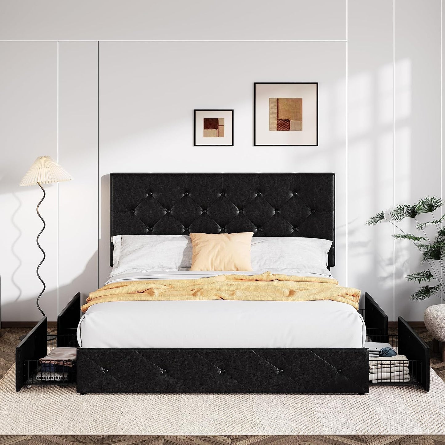 Allewie Upholstered Queen Size Platform Bed Frame with 4 Storage Drawers and Headboard, Square Stitched Button Tufted, Mattress Foundation with Wooden Slats Support, No Box Spring Needed