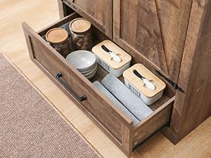 JXQTLINGMU Farmhouse Kitchen Pantry - 72" Tall Wood Kitchen Storage Cabinet with Adjustable Shelves and 2 Barn-Style Doors and Drawers