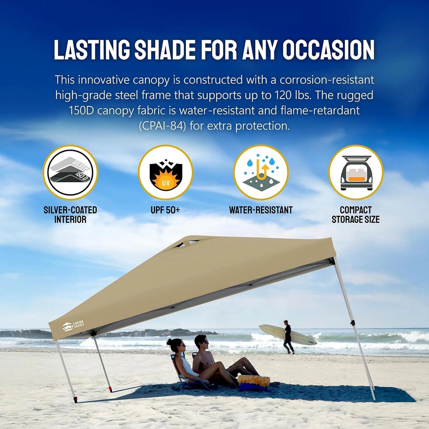 10x10 Pop-Up Awning - One-Click Installation Beach Tent - Outdoor Sunshade Silver Coated Top, 3 Heights and 4 Sand Pockets
