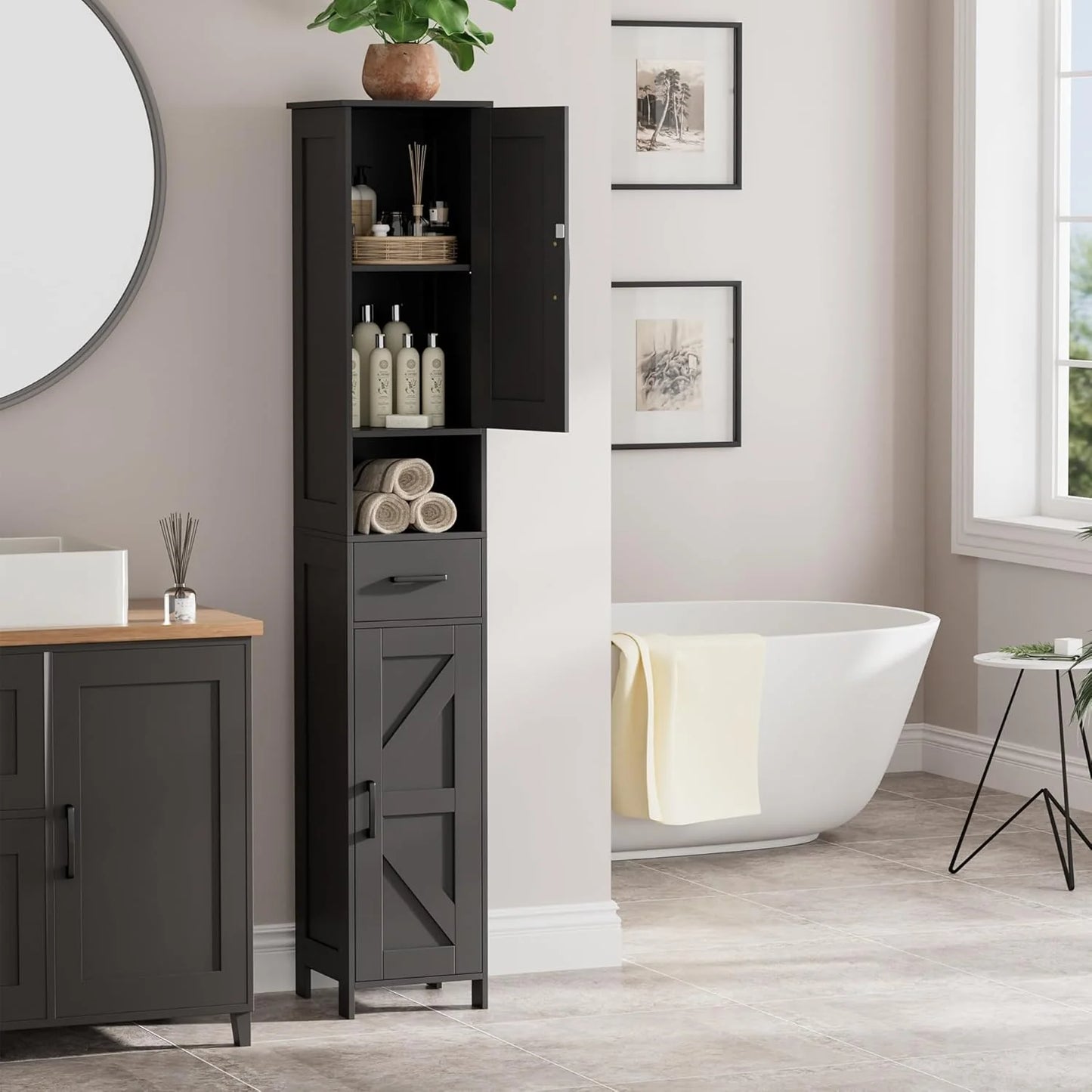 Homhedy 67" H Tall Bathroom Storage Cabinet with 2 Barn Doors and 1 Drawer, Narrow Storage Unit, Adjustable Shelves, Floor Cabinet for Bathroom, Living Room, Entryway, Kitchen, White, (15.7" W)