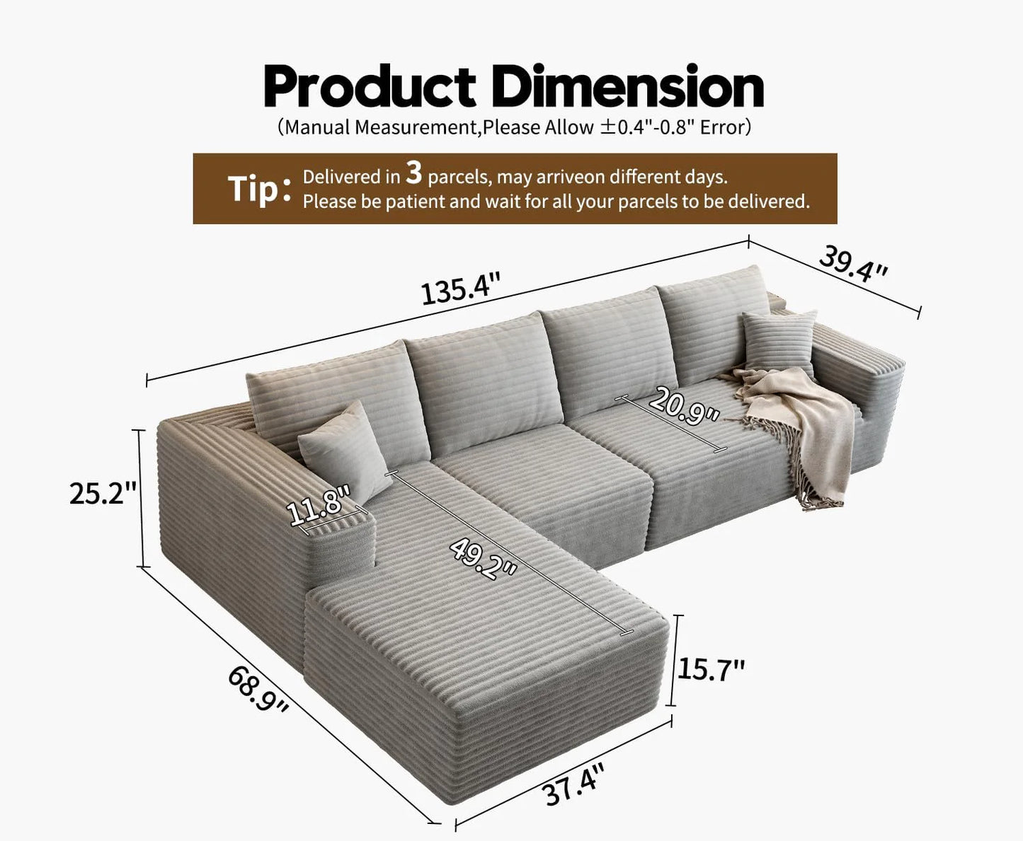 107.5" Cloud Modular Sectional Sofa Couch with L-Shape Chaise,Modern Minimalist Upholstered Couches