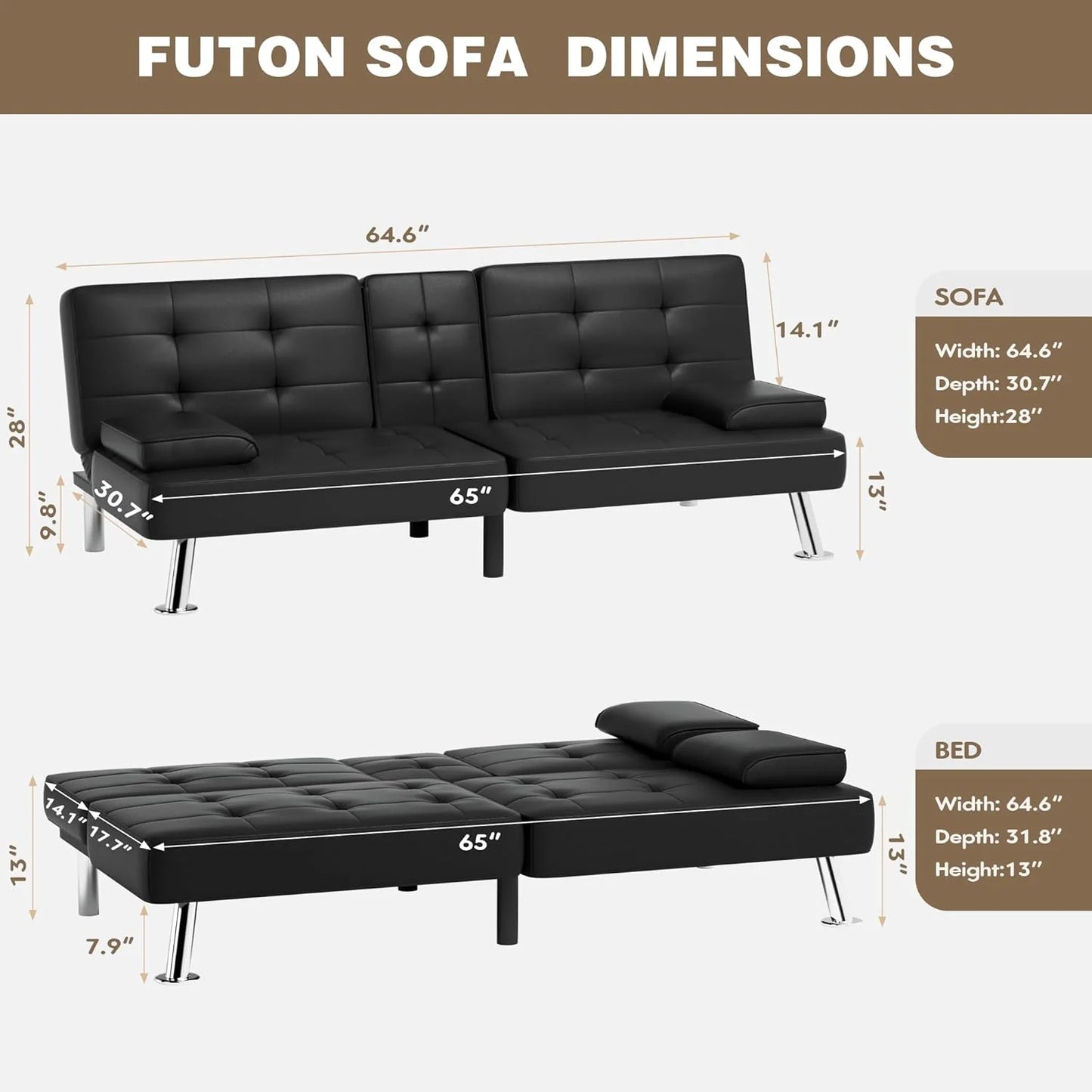 Homall Futon Sofa Bed, Leather Futon Couch with Removable Armrests, Adjustable Recliner Sleeper Sofa Bed with Dual Cup Holders for Living Room, Apartment