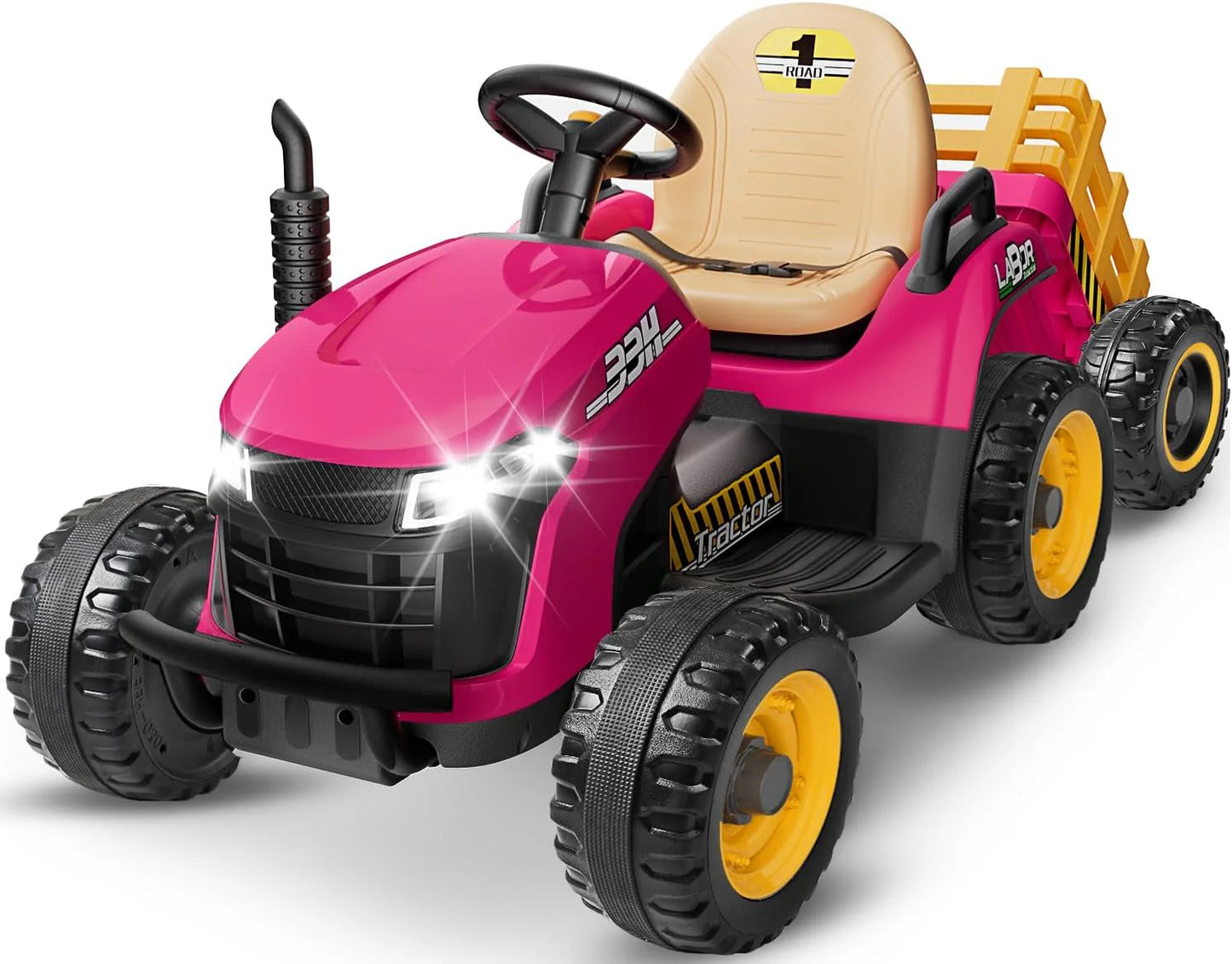 24V Ride On Tractor w/Tiltable & Detachable Trailer, 2x65W Motors, EVA Tires, Remote Control, Bluetooth, Shifter, Music, Electric Car for Kids, Green