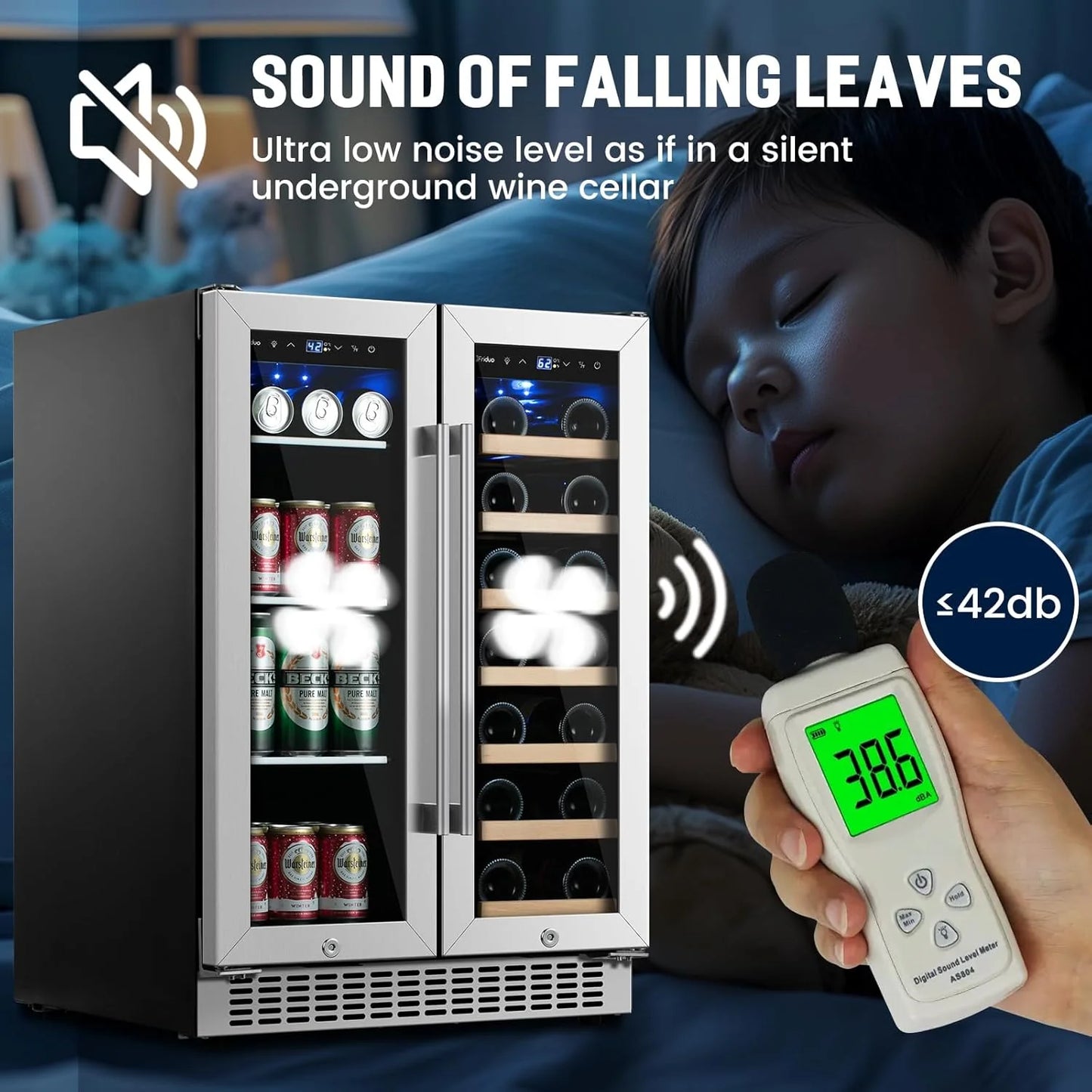 24 inch Dual Zone Beverage Refrigerator, 30 Bottles & 82 Cans Wine Fridge Built-in or Freestanding with Glass Door, Wine and Beverage Refrigerator Cooler for Kitchen Home Bar