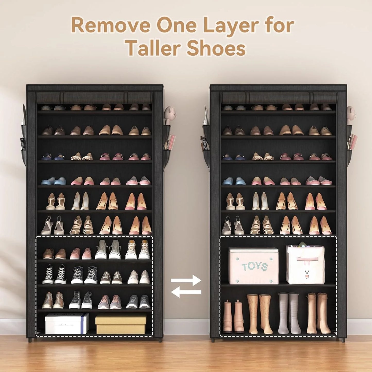 ROJASOP 10 Tier Shoe Rack with Covers,Large Capacity Stackable Tall Shoe Shelf Storage to 50-55 Pairs Shoes and Boots Sturdy Metal Free Standing Shoe Rack Organizer for Closet Entryway Garage