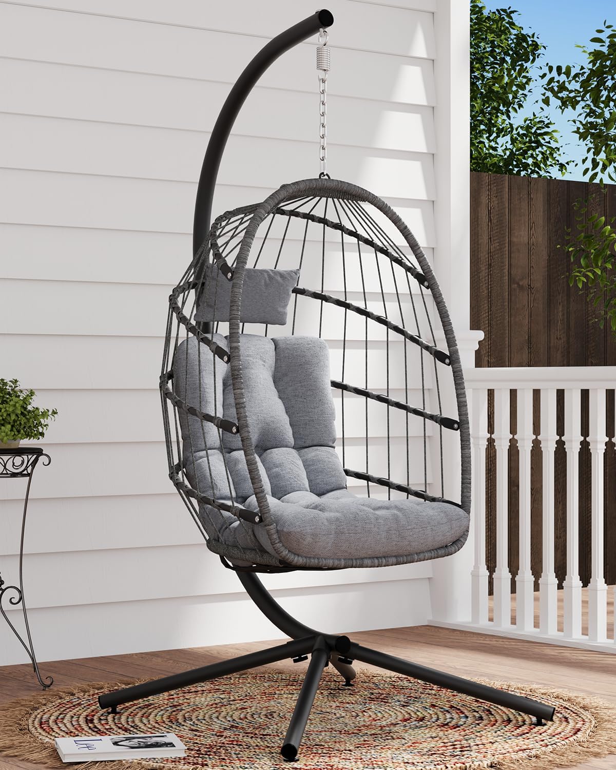 SWITTE Egg Chair Outdoor with Stand, Indoor Wicker Hanging Egg Swing Chair with Cushion, 350lbs Capacity for Patio, Bedroom