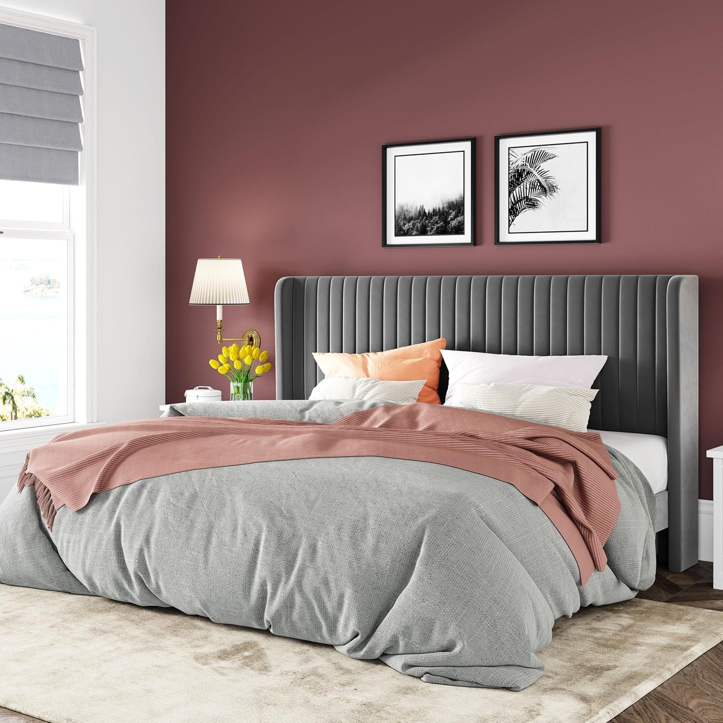 Allewie Full Size Velvet Bed Frame/Vertical Channel Tufted Wingback Headboard/Upholstered Platform Bed/Strong Wooden Slats/No Box Spring Needed/Easy Assembly/White