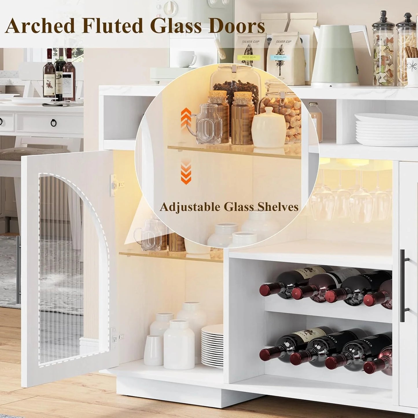 Sideboard, 54-inch kitchen cabinet with LED lights and arched glass doors, tall bar cabinet