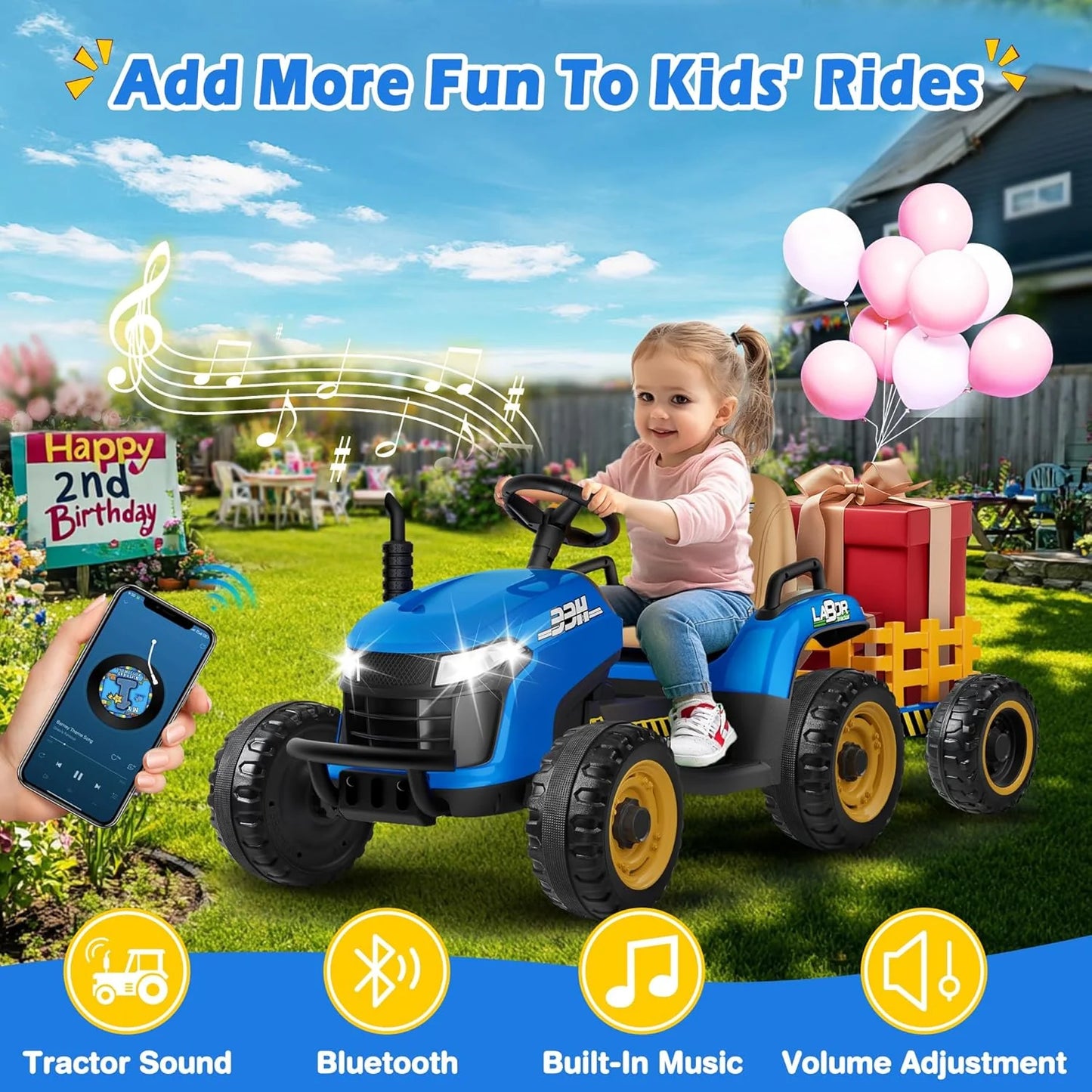 24V Ride On Tractor w/Tiltable & Detachable Trailer, 2x65W Motors, EVA Tires, Remote Control, Bluetooth, Shifter, Music, Electric Car for Kids, Green