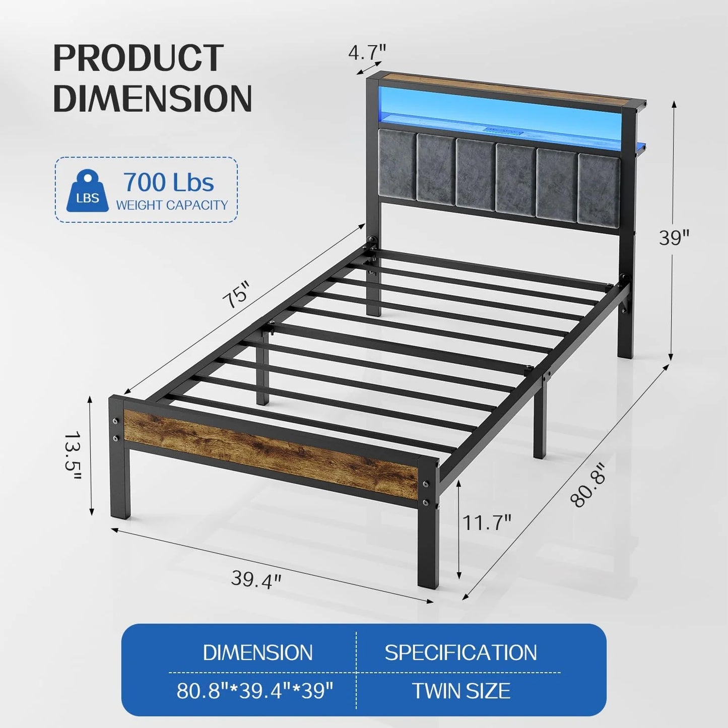 Queen Size Bed Frame with 2-Tier Storage Shelves Headboard, Platform Bed with Charging Station, LED Lights No Box Spring Needed Noise Free