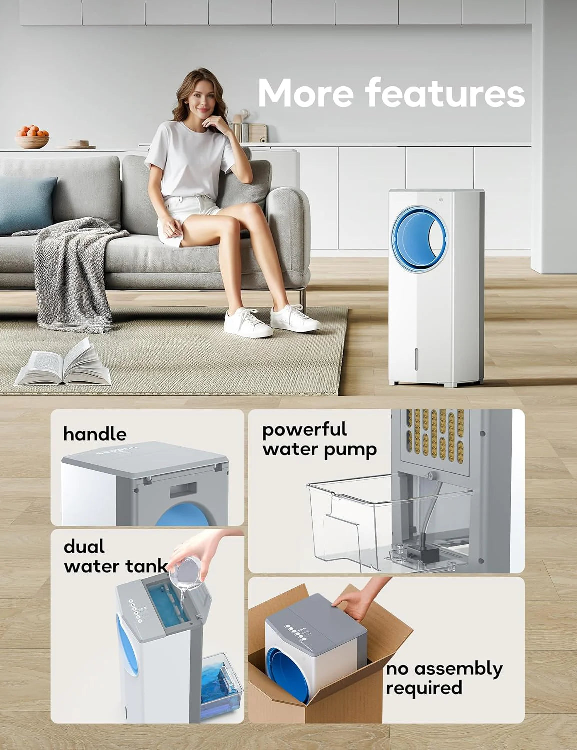 Windowless Portable Air Conditioner, 26.3" Small Evaporative Air Cooler for Room No Window, 3-Speed Settings, 4 Modes, 7H Timer, Remote Control, 4 Ice Packs, Quiet AC Unit for Bedroom