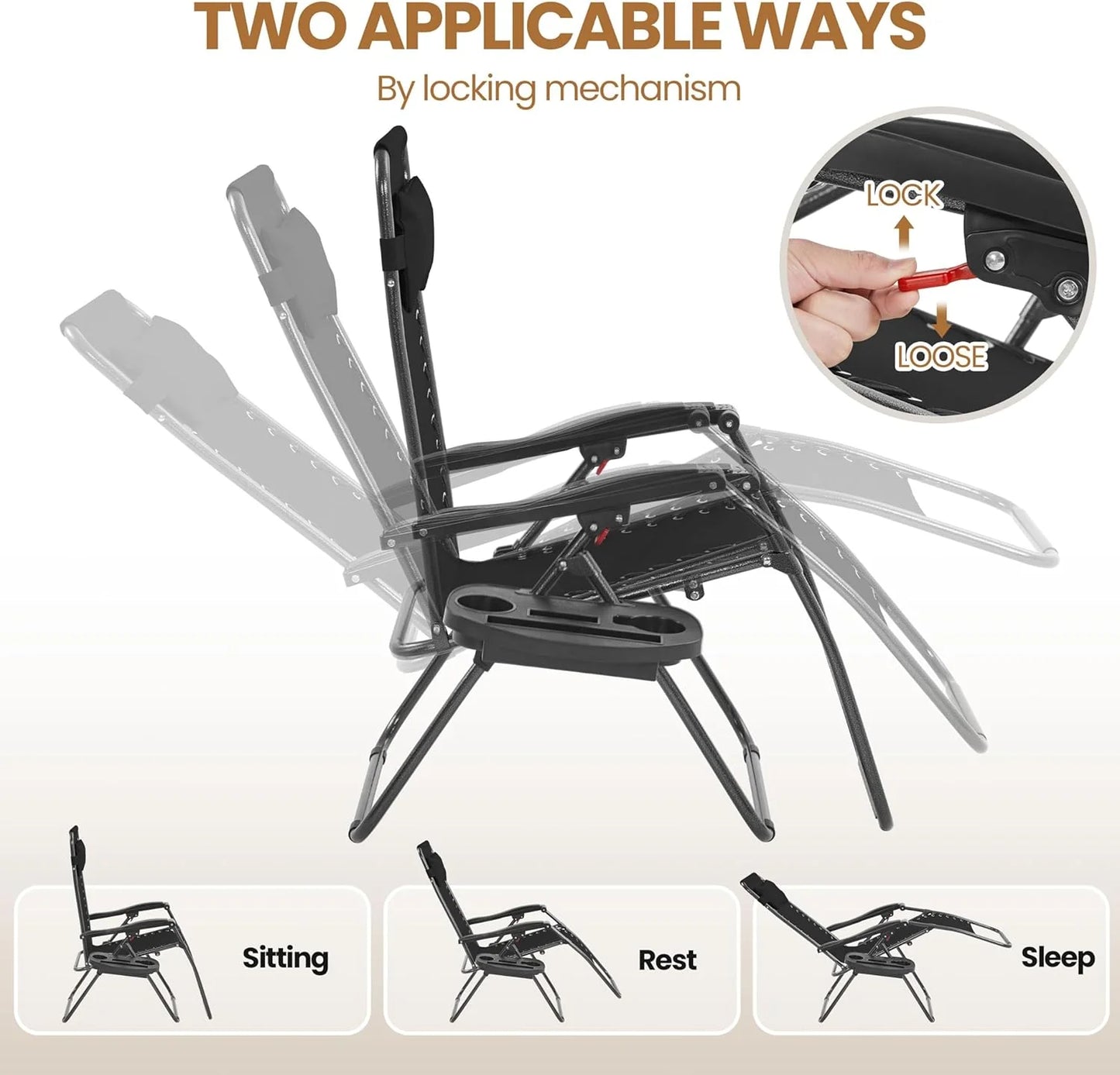 3PCS Zero Gravity Recliner Portable Outdoor Reclining Chair Set w/Side Table Folding Chaise Lounge Chairs