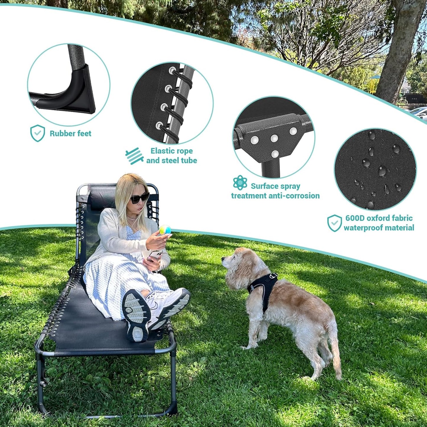 2 Pack Outdoor Chaise Lounge Chair - Portable Folding Patio Pool Lounge Chair, 5 Positions Adjustable Reclining Camping Chair with Side Table,Shoulder Strap, Pillow for Beach Sunbathing Lawn