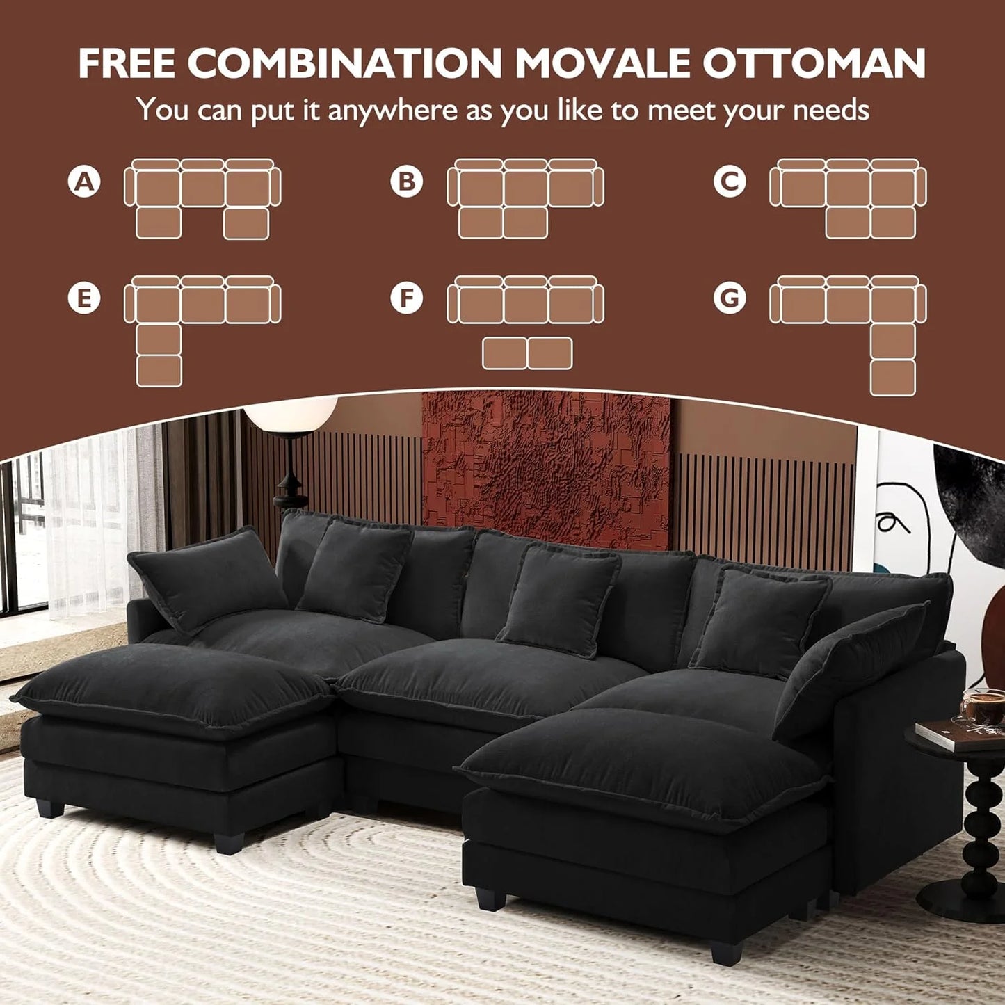 111.4 Inch L-Shaped Modern Sofa Modular Cloud Sofa with Ottoman, 4-Seater Chenille Deep Seat Sofa with Pillows for Living Room, Bedroom and Apartment, Beige