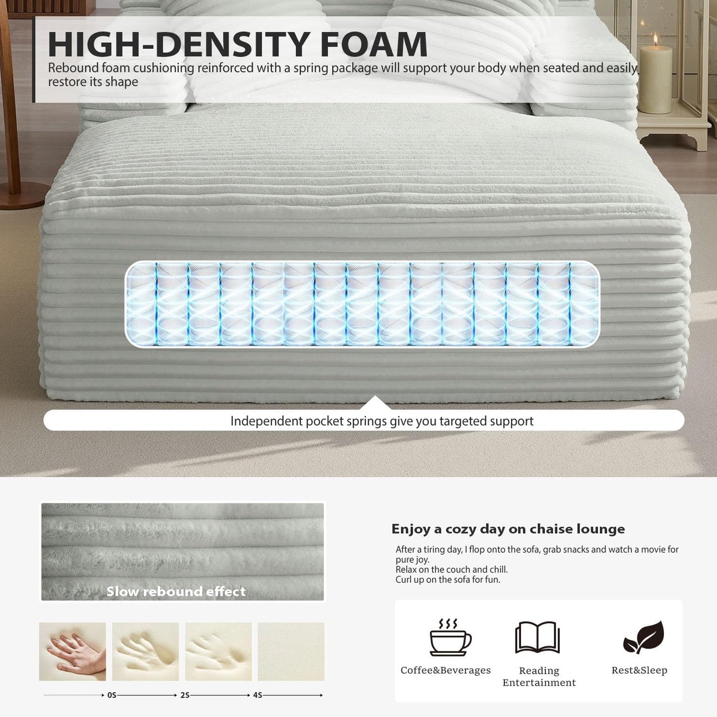 50-inch indoor recliner, oversized corduroy upholstered boneless sofa bed, deep sleeper sofa reading chair, cloud sofa, living room sofa