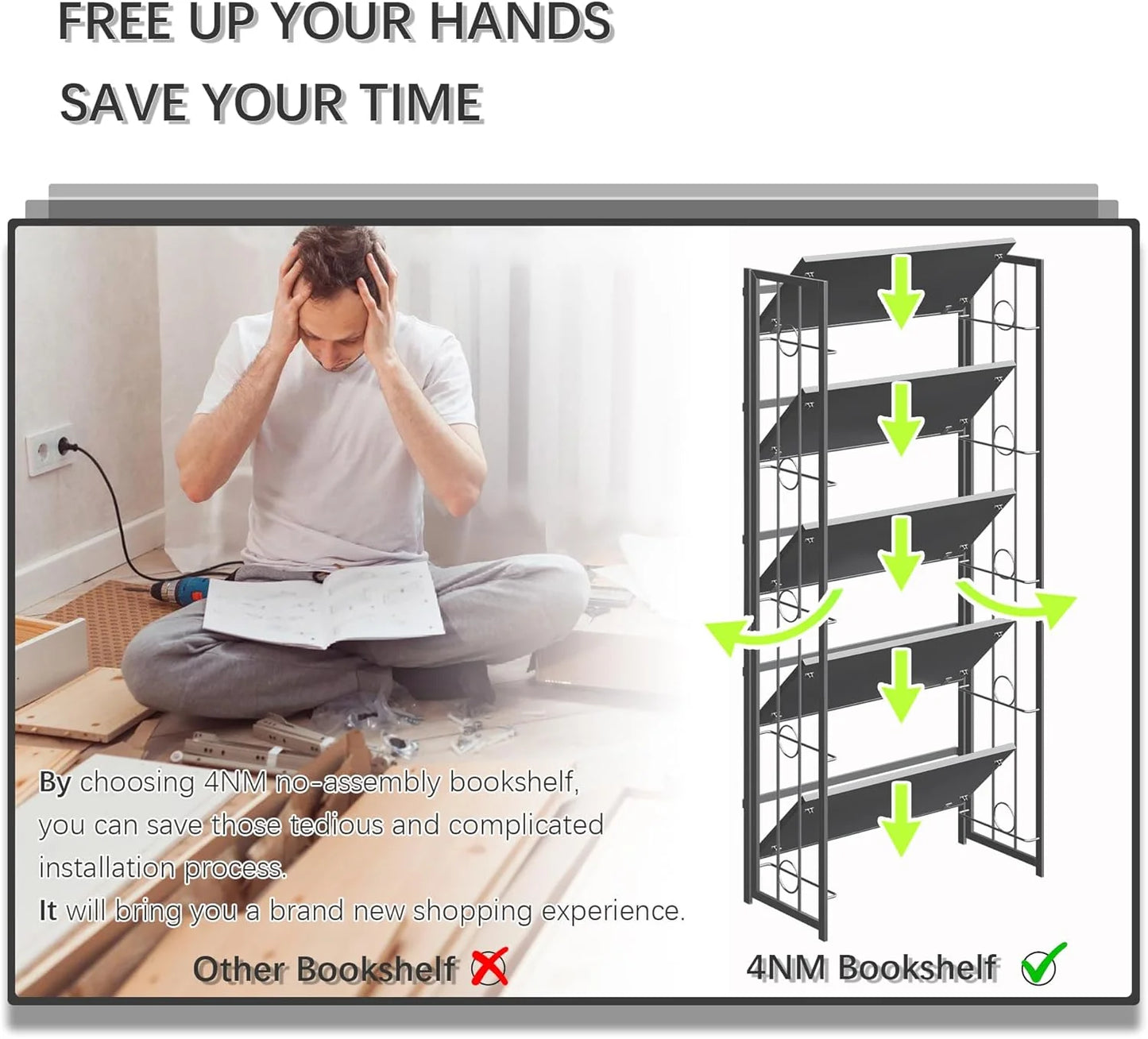 5 Tiers No Assembly Book Shelves 51.2" H Folding Bookshelf Bookcase