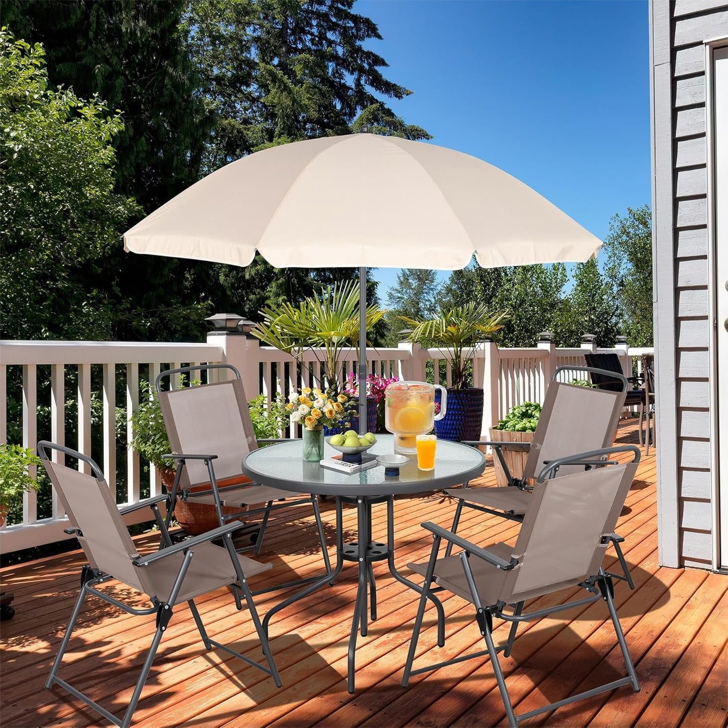 Vongrasig 6 Piece Folding Patio Dining Set,Small Metal Outdoor Garden Patio Table and Chair Set w/Umbrella for Lawn,Deck,Backyard,Black