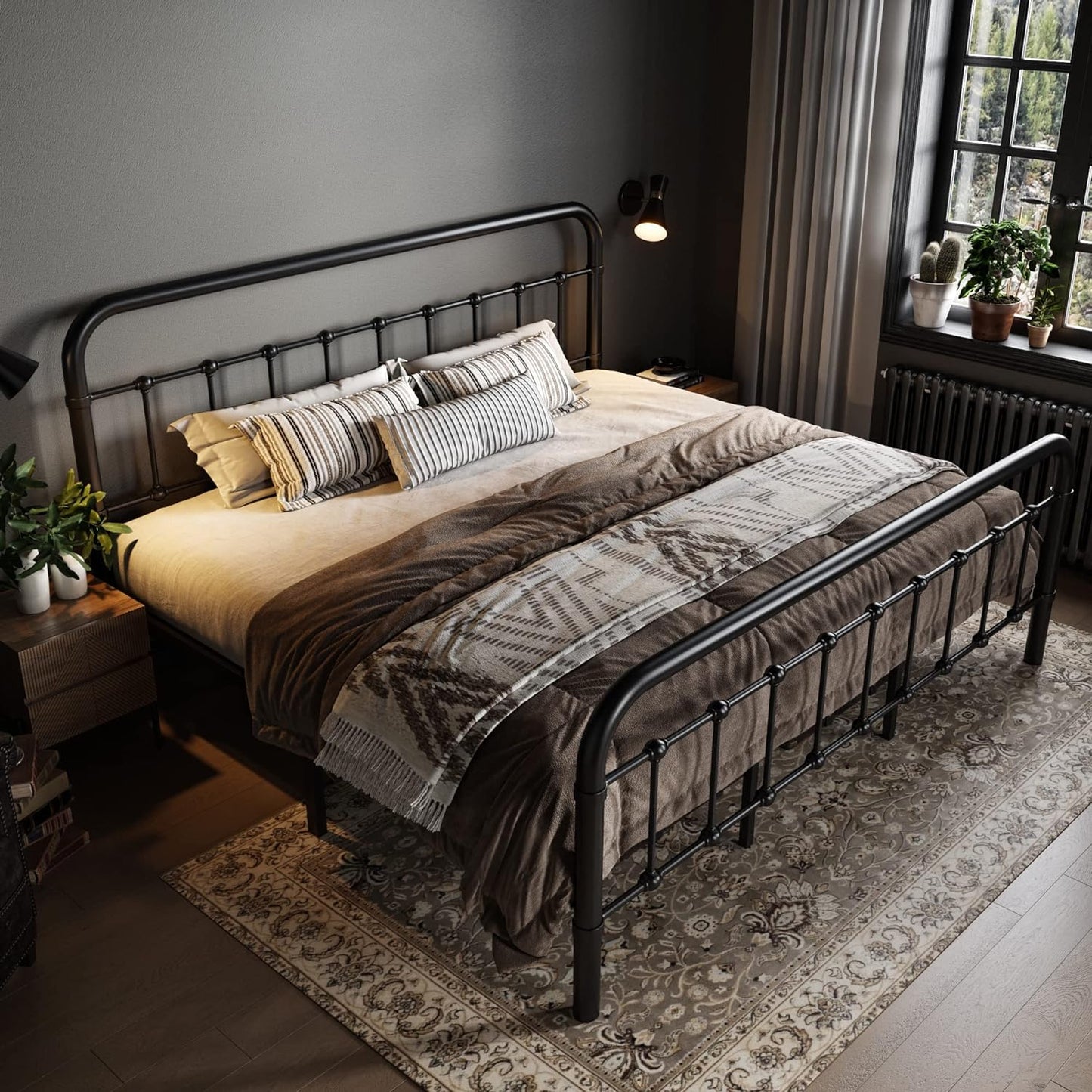Allewie Queen Size Metal Platform Bed Frame with Victorian Style Wrought Iron-Art Headboard/Footboard, No Box Spring Required