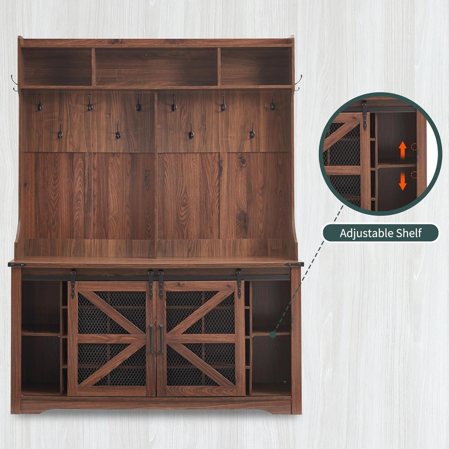 JXQTLINGMU 59-inch Farmhouse Foyer Tree with Shoe Storage, Entryway Bench Foyer Coat Rack Cabinet