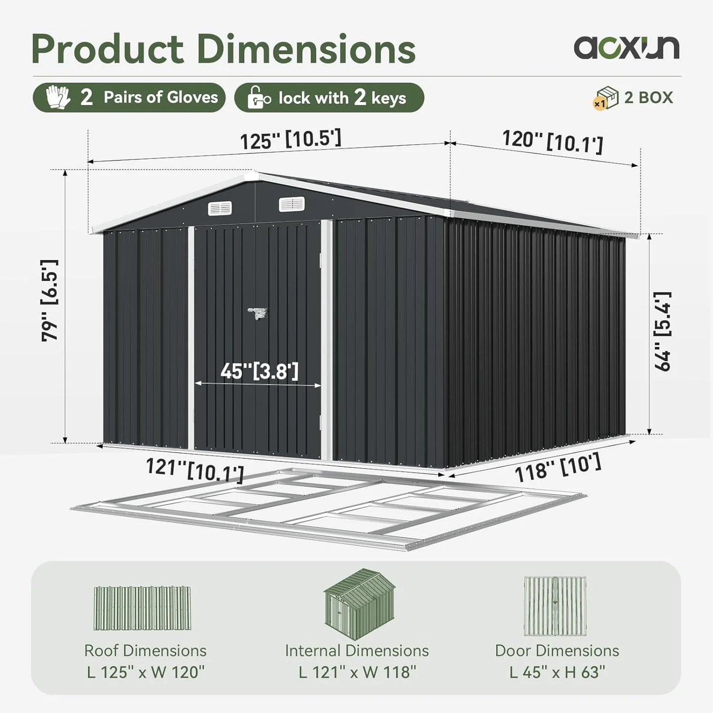 Aoxun 12x10 FT Shed Metal Outdoor Waterproof Storage Shed Steel Utility Garden Tool Shed with Door & Lock Outdoor Storage for Garden Patio Lawn Poolside, Brown