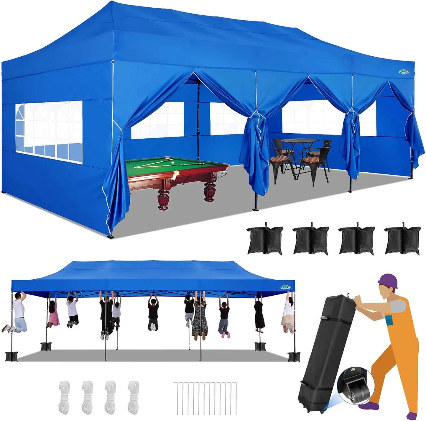 COBIZI 10x20 Heavy Duty Pop up Canopy Tent with 6 sidewalls Easy Up Commercial Outdoor Canopy Wedding Party Tents for Parties All Season Wind & Waterproof Gazebo with Roller Bag,Black(Frame Thickened)