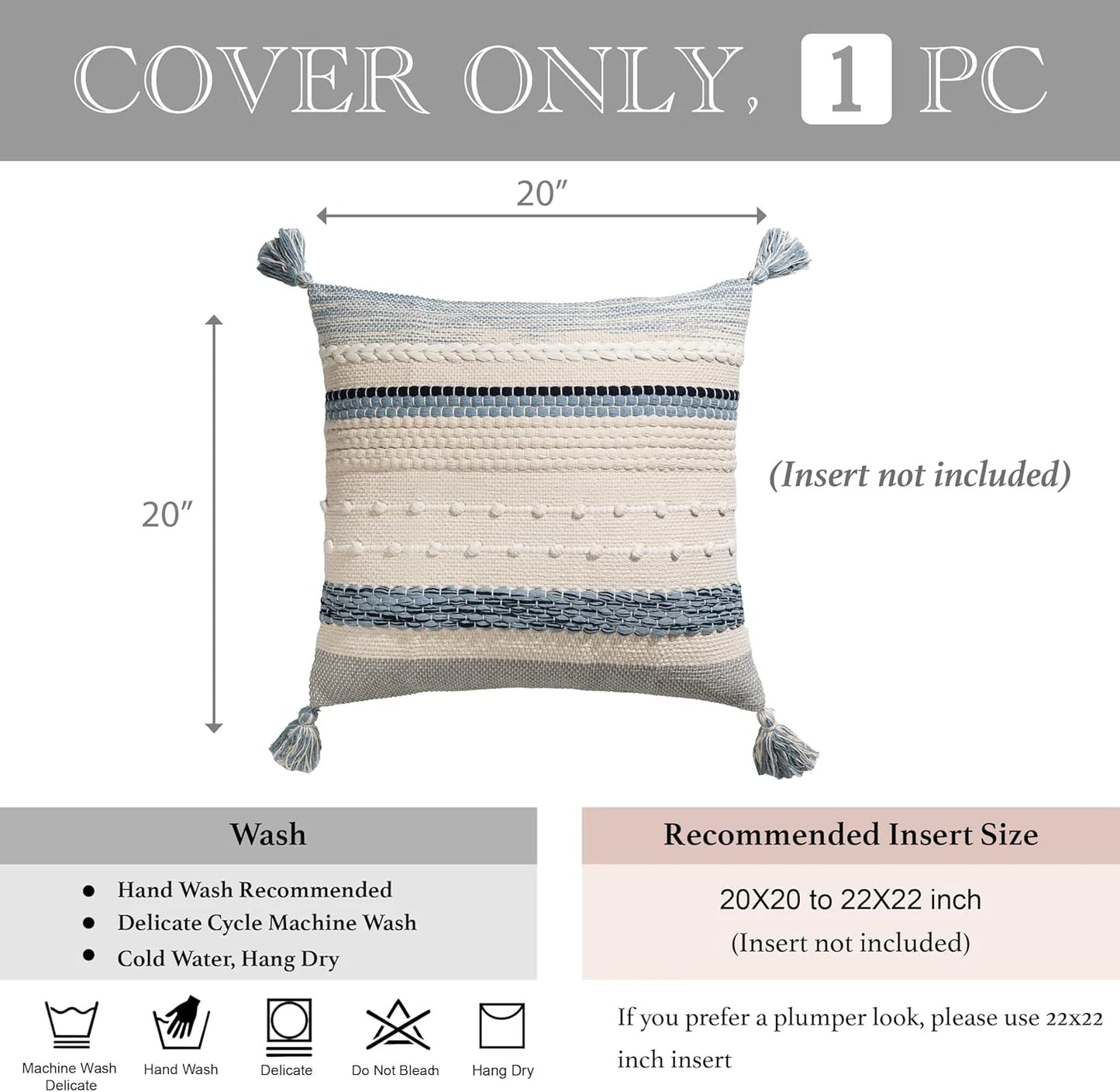 Blue Boho Decorative Throw Pillow Cover 20x20