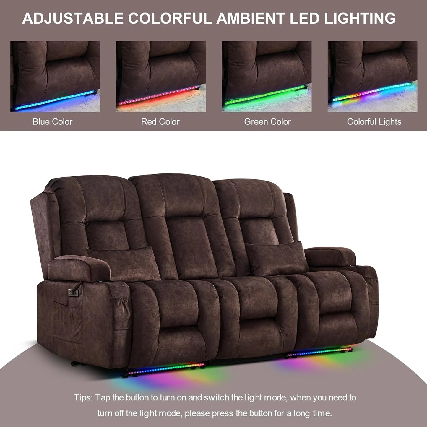 TUNYI Power Loveseat Recliner Sofa with Massage & Heat Home Theater Seating with Console Electric Recliner RV Sofa with USB/Outlet/Storage/Side Pocket/LED Light/Speaker (Brown, Loveseat)