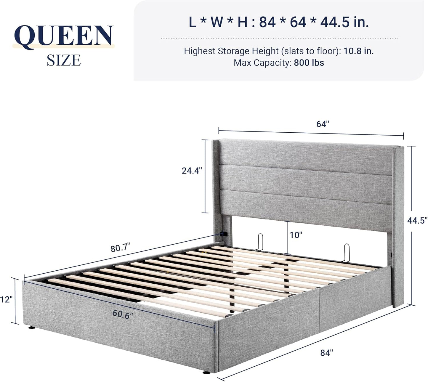 Allewie Queen Size Lift Up Storage Bed, Modern Wingback Headboard, Hydraulic Support, No Box Spring Needed, Light Beige