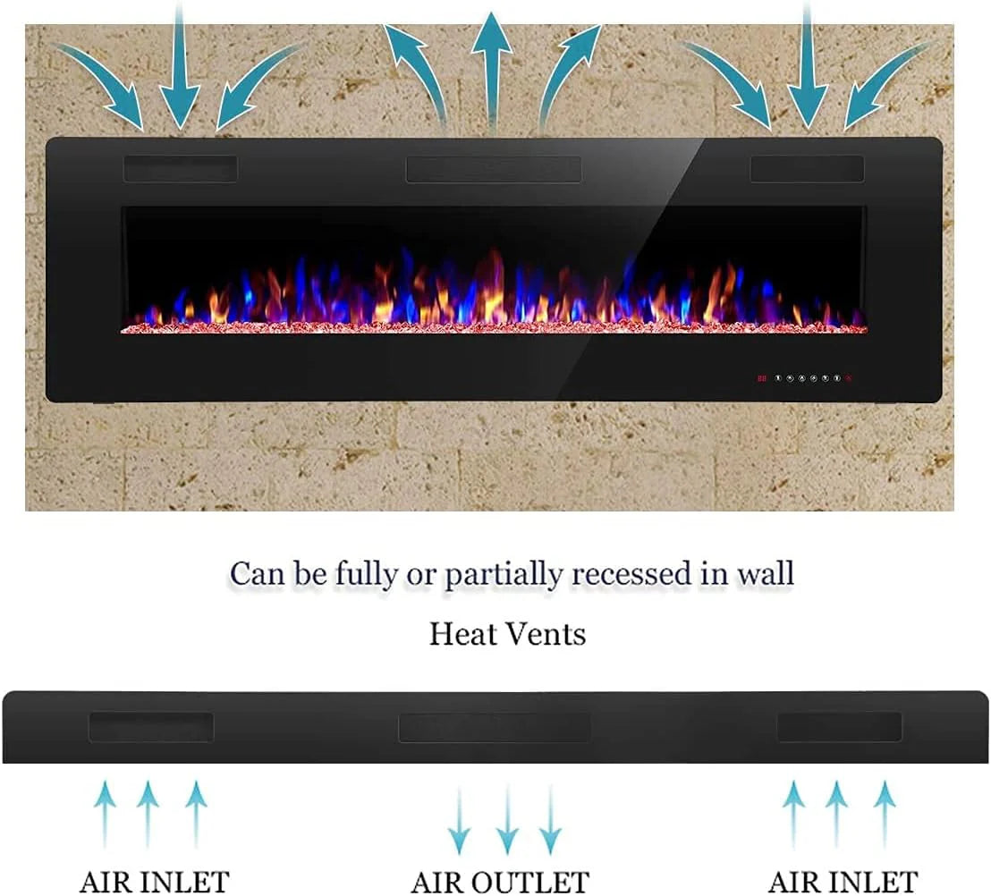 R.W.FLAME 60" Recessed and Wall Mounted Electric Fireplace, Low Noise, Fit for 2 x 6 Stud, Remote Control with Timer, Touch Screen, Adjustable Flame Color and Speed, 750-1500W