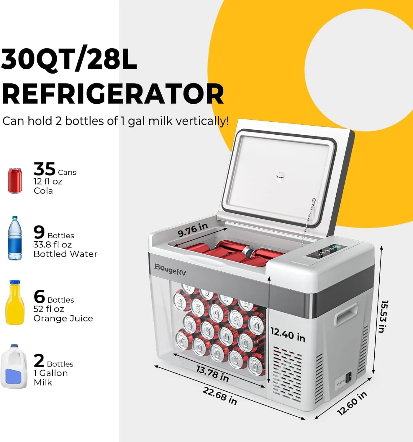 BougeRV 12 Volt Refrigerator 12V Car Fridge 23 Quart Portable Freezer Compressor Cooler 12/24V DC 110~240 Volt AC for Truck Van RV Camper SUV Travel Camping Road Trips Tailgating -8℉~50℉