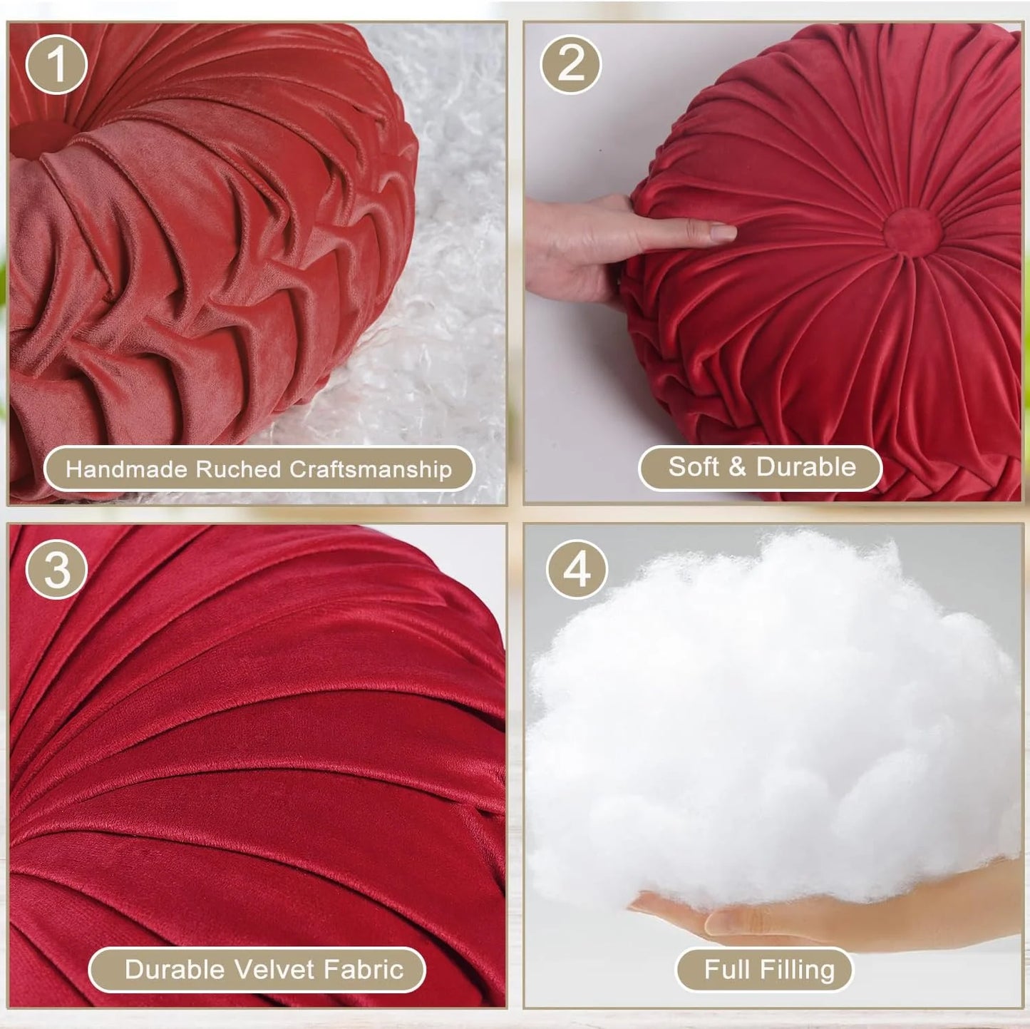 Set of 2 Decorative Round Pleated Throw Pillows