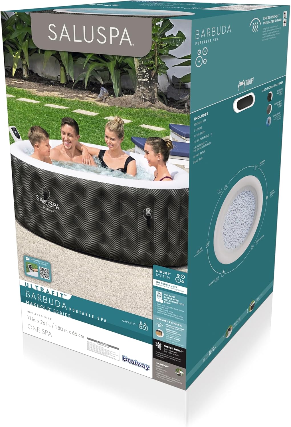 Bestway SaluSpa Miami EnergySense AirJet Inflatable Hot Tub Spa (71" x 26") | Portable Hot Tub with 2 Covers (1 Energy-Efficient Thermal Cover and 1 Standard Cover) | Fits Up to 2-4 Persons | Black