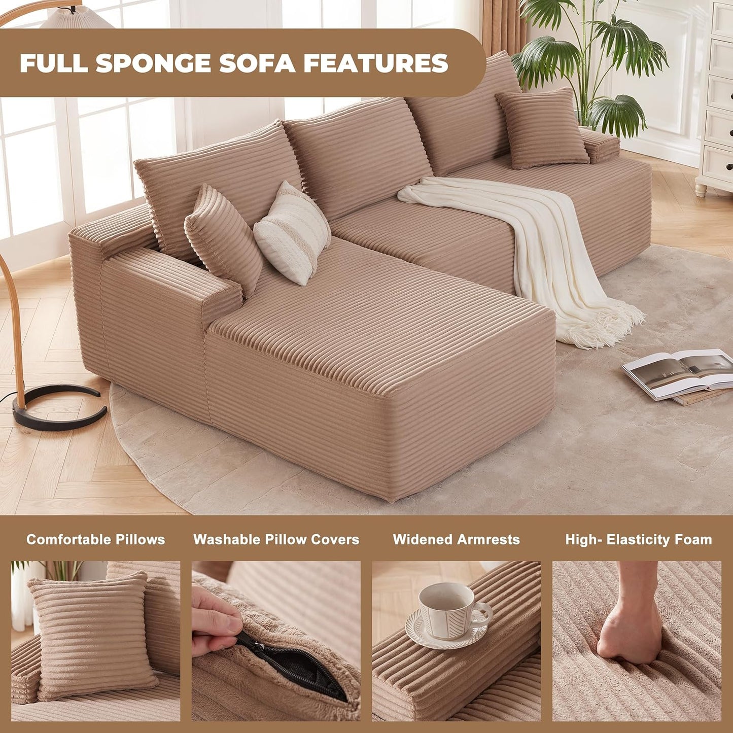 110-inch cloud sofa, boneless sofa in the living room, modular sofa with deep seats