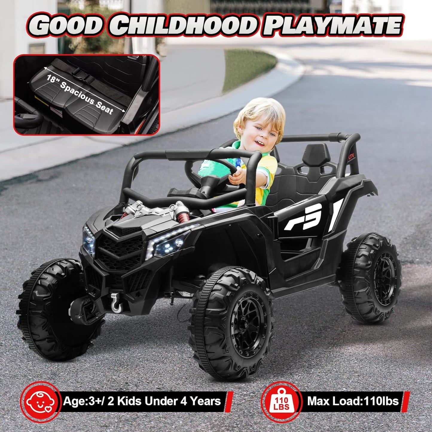 JOYRACER Kids Remote Control Car with 4 x 150W Motors, Shock Absorbers, Bluetooth, MP3 Player, and Headlights