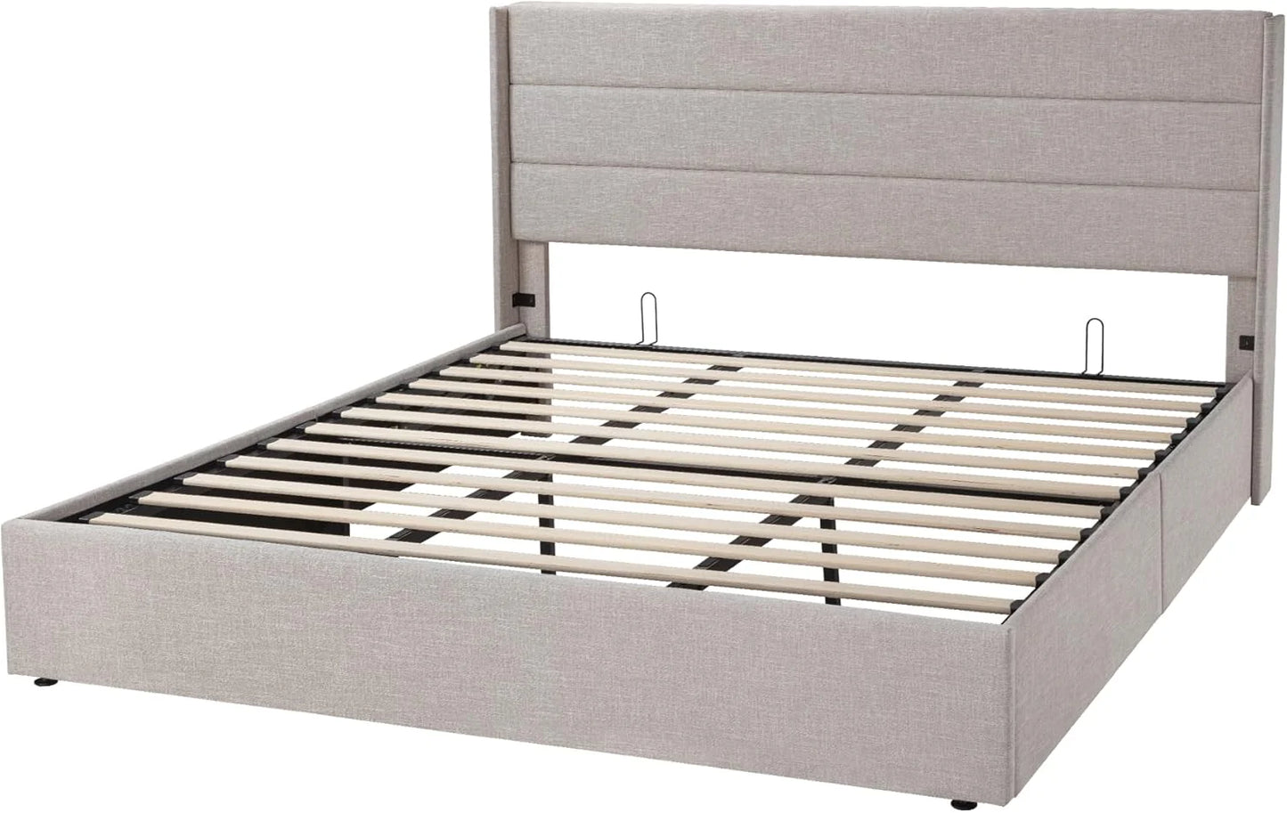 Allewie Queen Size Lift Up Storage Bed, Modern Wingback Headboard, Hydraulic Support, No Box Spring Needed, Light Beige