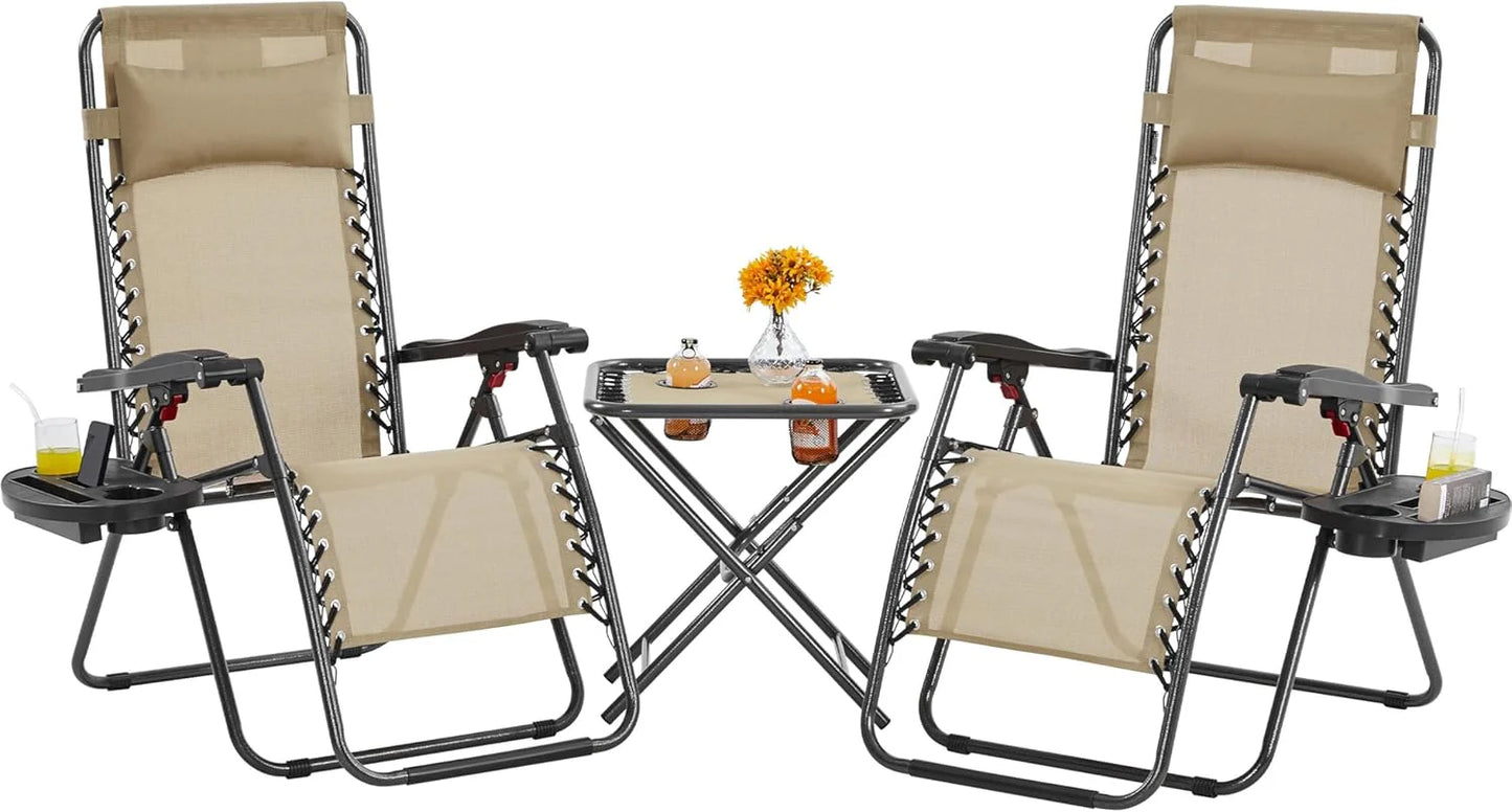 3PCS Zero Gravity Recliner Portable Outdoor Reclining Chair Set w/Side Table Folding Chaise Lounge Chairs
