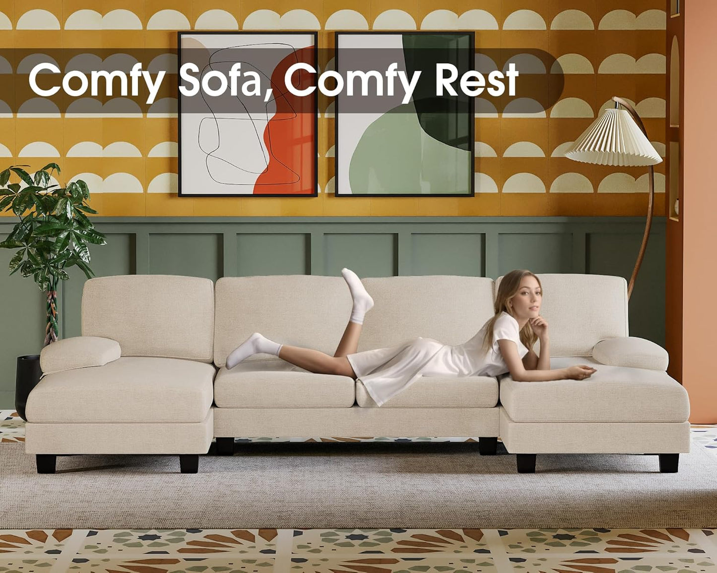 Furmax Sectional Couches for Living Room, U-Shaped Sofa Couch with Linen Fabric, 4 Seat Sofa Set with Double Chaise for Apartment (Fabric, Grey)