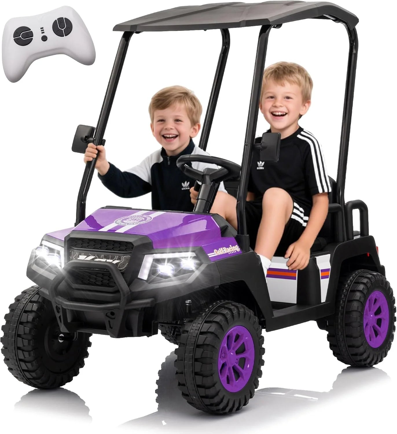 24V 7AH Children's Golf Cart with Remote Control, Removable Awning, 4-Wheel Spring Suspension