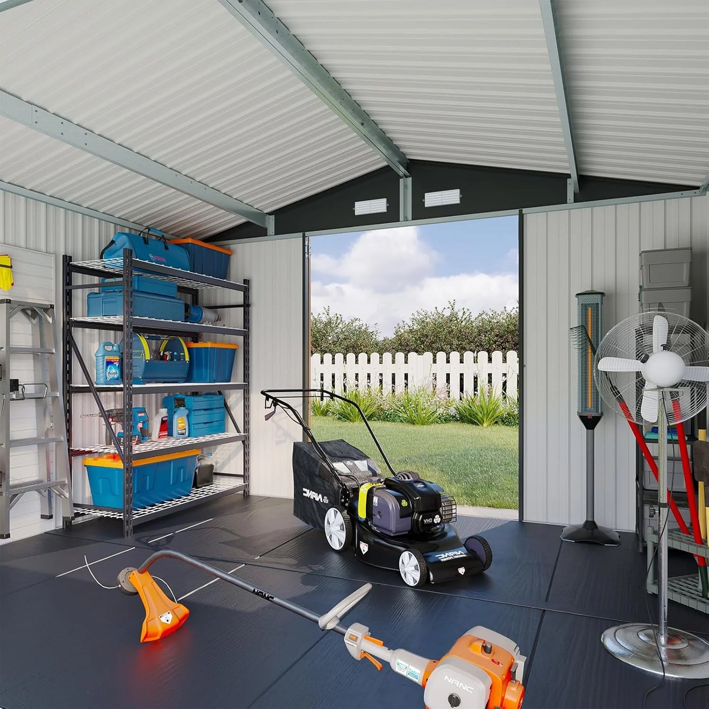 Aoxun 7.4x5.3FT Shed with Floor Galvanized Steel Outdoor Storage Shed Metal Garden Shed with Double Doors, 15mm Moisture-Proof Floor & Ventilation, Sloped Roof for Bike/Generator/Tool Storage (Brown)