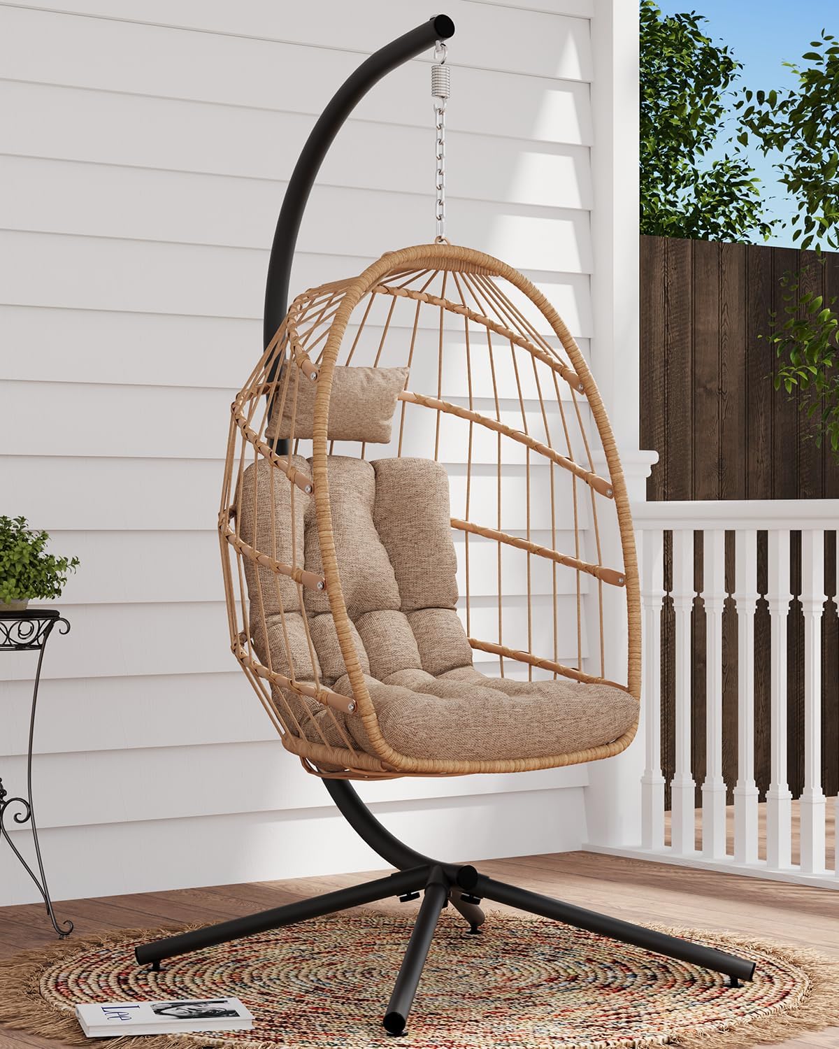 SWITTE Egg Chair Outdoor with Stand, Indoor Wicker Hanging Egg Swing Chair with Cushion, 350lbs Capacity for Patio, Bedroom
